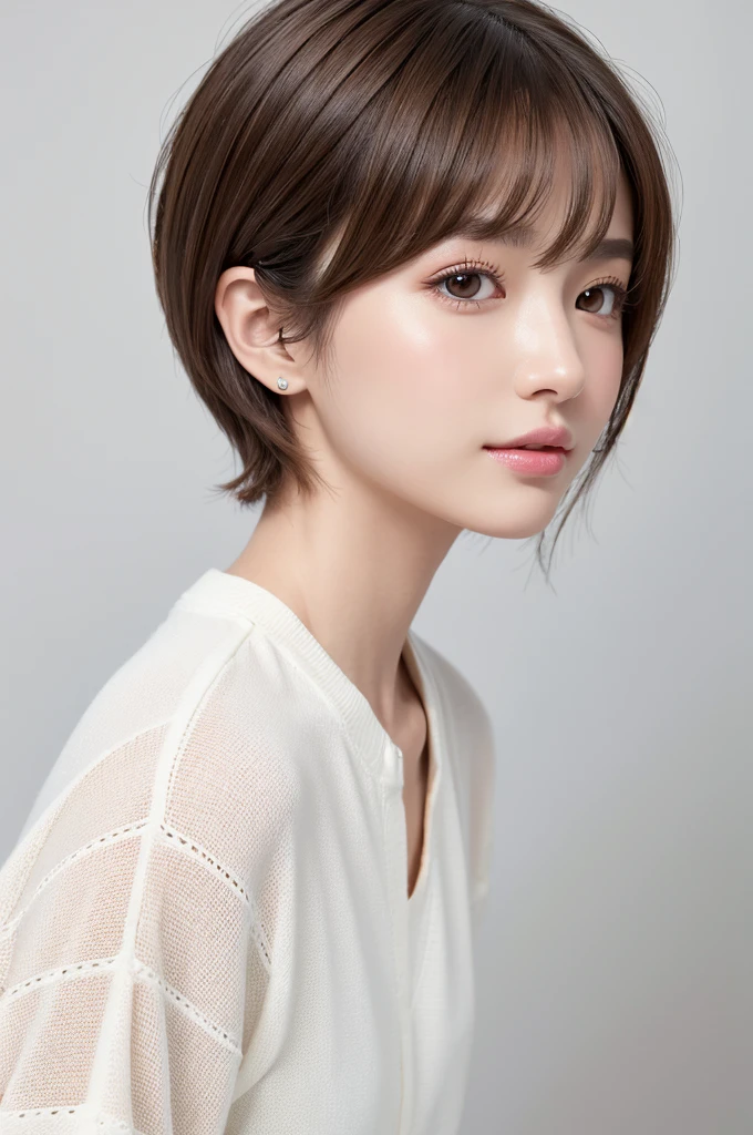 (Highest quality、Tabletop、8K、Best image quality、Award-winning works)、((profile:1.4))、ear、((short hair:1.46)),(Brown Hair)、(White casual clothes:1.2)、(The simplest pure white background:1.3)、(Perfectly fixed in front:1.1),(Portrait with Space:1.2)、Beautiful and exquisite、Perfect Makeup、Ultra-high definition beauty face、Ultra HD Hair、Ultra HD Shining Eyes、Super high quality glossy lip、Accurate anatomy、Very beautiful skin、(Pure white skin shining in ultra-high resolution:1.1)、(Very bright:1.2),Big Natural Color Lip、Lip gloss,Harajuku、cute、cute美人