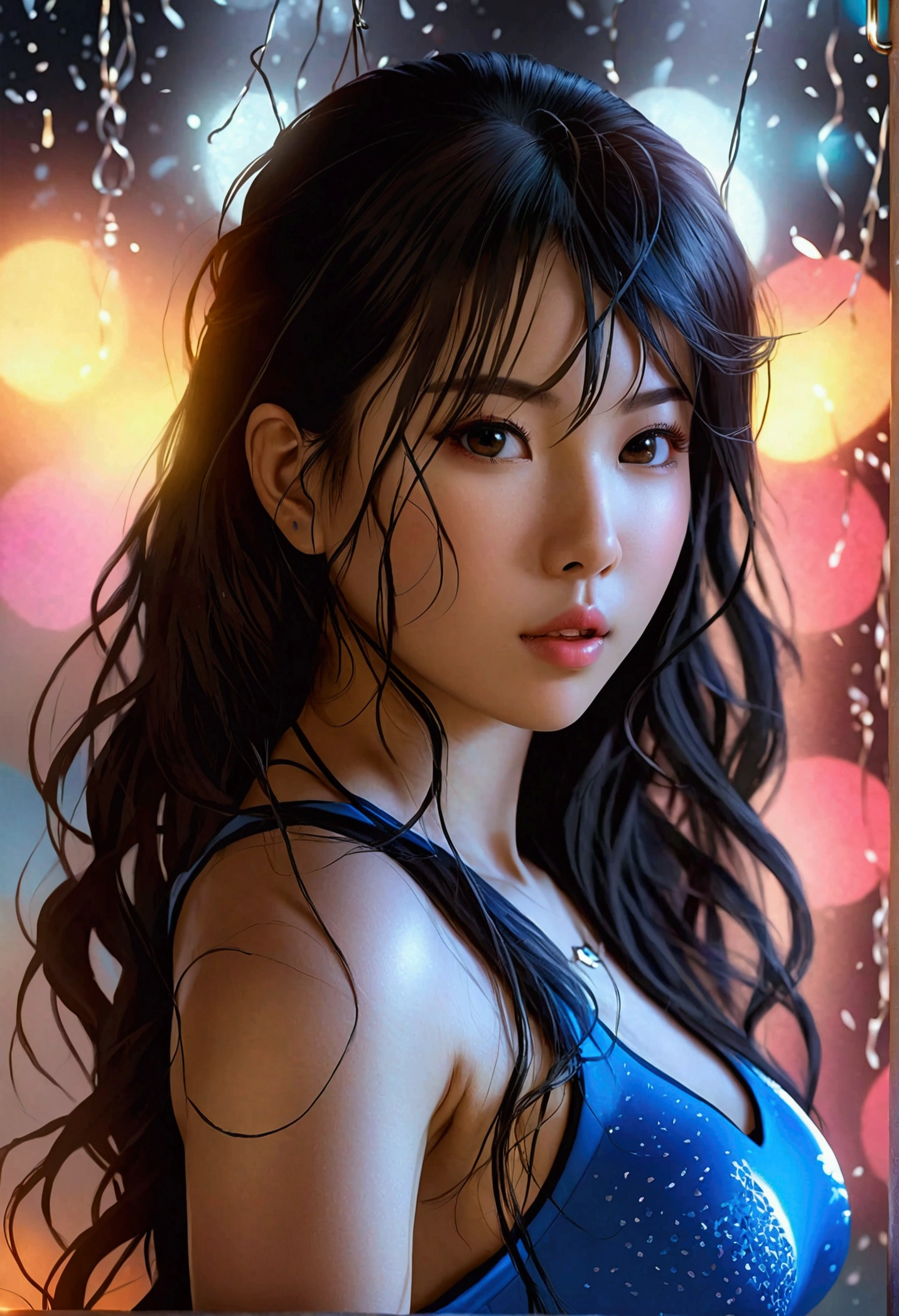 Not suitable for working hours,((BDSM,黑色枷Lock:1.3,Lock)),((Perfect anatomical structure,Practical,:1.3,Original Photography:1.3,masterpiece、best quality、Ultra - high resolution、high resolution、Highly detailed CG、8K)),Cowboy shooting,1 female,solitary,20-year-old beauty,((Beautiful face and eyes,Large target、beautiful eyes),Dark brown eyes,open mouth,Slobber,((Brown hair,Long hair,forehead,Middle parted hair:1.2、Straight Hair)),(巨Large target乳房,slim,Small head:1.3,Skinny,Bronze skin,Glowing skin,Oily skin,Radiant Skin,Sweat:1.7),(((Cheerleader,blue Cheerleader uniform,Love Juice:1.3)),Stand with legs apart:1.5,Wardrobe、