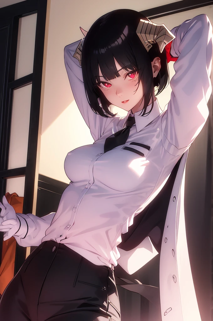 work of art, best qualityer, high resolution, 1girl horns short hair demon tail, white shirt black ascot black gloves black pants black vest lying on your back, sheet, arms up,blushed,face red,Hands behind the head,ssmile,Bblack hair
