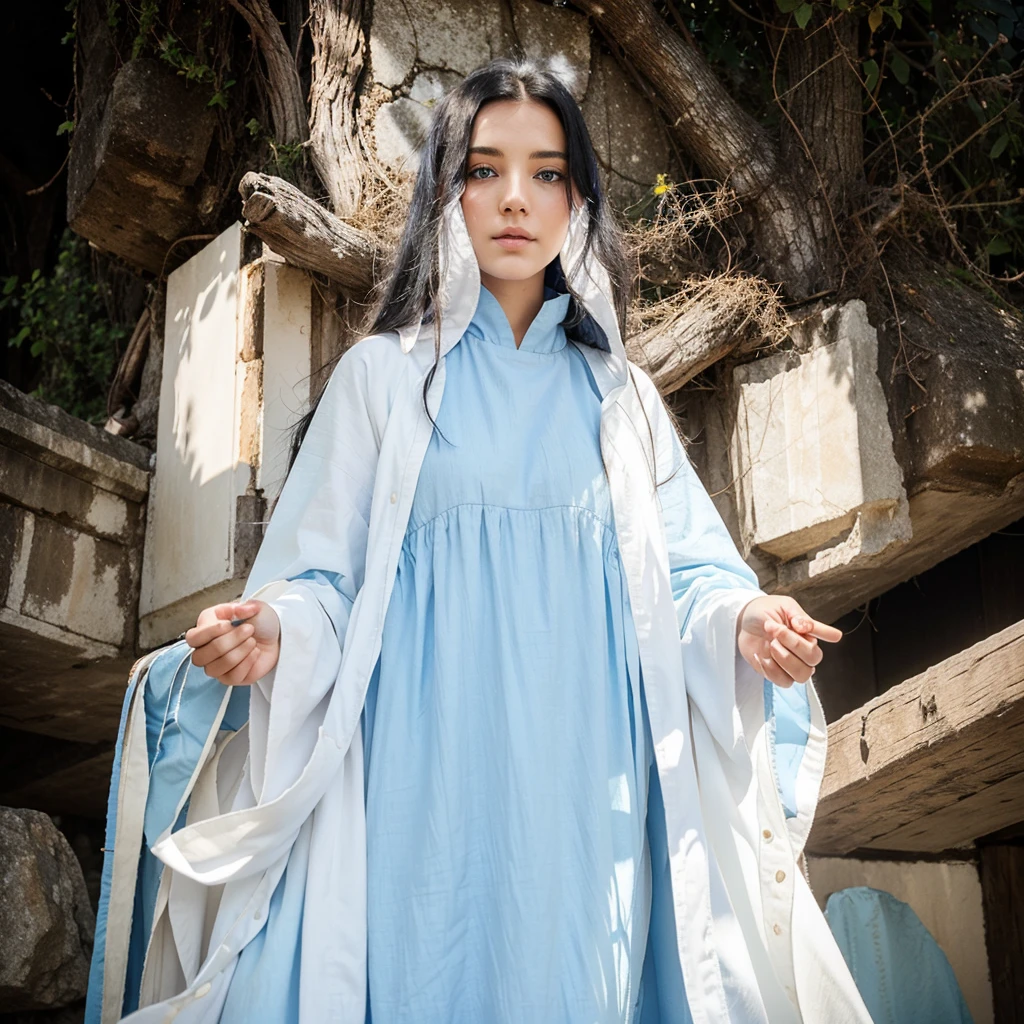 Beautiful woman with light blue eyes wearing blue tunic and white cloak, She has long black hair