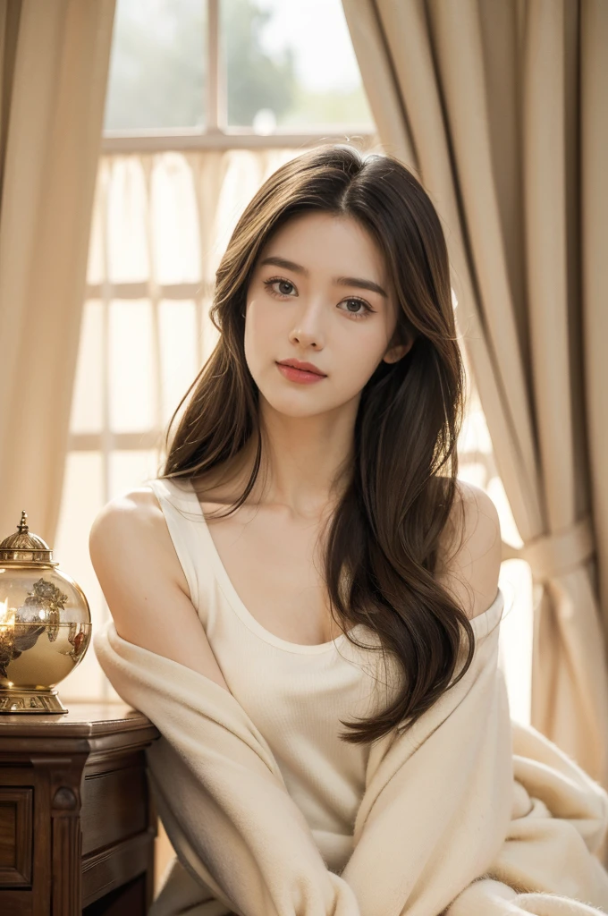 (((best quality))), (((ultra detailed))), (((masterpiece))), illustration,(((a man and a beautiful woman))),tank top, bedroom, cozy furniture, soft warm colors, parted curtains, moonlight,wise appearance, glasses, gentle smile, warm eyes, long flowing hair, delicately shaped face, soft features, bright eyes, peaceful atmosphere, deep connection, bond, family, mentor, beloved relative, body language, comfort, familiarity, late hour, contentment, peace, sharing secrets, stories, enjoying company, stillness of the night, beautiful moment, timeless, importance of embracing loved ones, treasuring time.