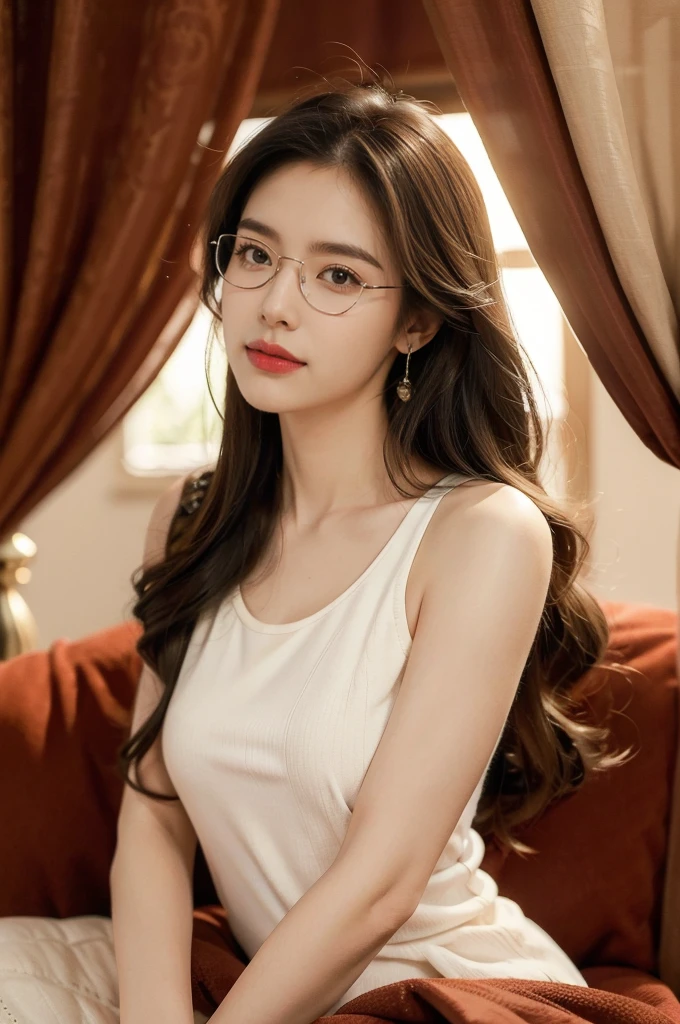 (((best quality))), (((ultra detailed))), (((masterpiece))), illustration,(((a man and a beautiful woman))),tank top, bedroom, cozy furniture, soft warm colors, parted curtains, moonlight,wise appearance, glasses, gentle smile, warm eyes, long flowing hair, delicately shaped face, soft features, bright eyes, peaceful atmosphere, deep connection, bond, family, mentor, beloved relative, body language, comfort, familiarity, late hour, contentment, peace, sharing secrets, stories, enjoying company, stillness of the night, beautiful moment, timeless, importance of embracing loved ones, treasuring time.