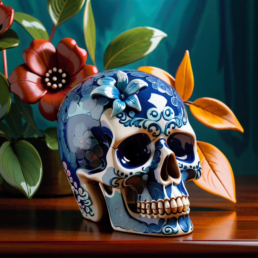 A beautifully detailed ceramic skull,Smooth gloss glaze,Natural pattern, Blue Sea,Delicate leaves, Colorful petals , Warm Lights,Ethereal atmosphere,Ray Tracing,