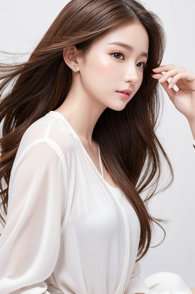 (Highest quality、Tabletop、8K、Best image quality、Award-winning works)、((profile:1.4))、ear、((Long Hair:1.46)),(Brown Hair)、(White casual clothes:1.2)、(The simplest pure white background:1.3)、(Perfectly fixed in front:1.1),(Portrait with Space:1.2)、Beautiful and exquisite、Perfect Makeup、Ultra-high definition beauty face、Ultra HD Hair、Ultra HD Shining Eyes、Super high quality glossy lip、Accurate ???????、Very beautiful skin、(Pure white skin shining in ultra-high resolution:1.1)、(Very bright:1.2),Big Natural Color Lip、Lip gloss,Harajuku、cute、cute美人
