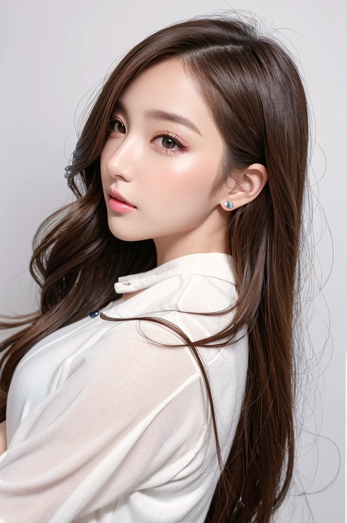 (Highest quality、Tabletop、8K、Best image quality、Award-winning works)、((profile:1.4))、ear、((Long Hair:1.46)),(Brown Hair)、(White casual clothes:1.2)、(The simplest pure white background:1.3)、(Perfectly fixed in front:1.1),(Portrait with Space:1.2)、Beautiful and exquisite、Perfect Makeup、Ultra-high definition beauty face、Ultra HD Hair、Ultra HD Shining Eyes、Super high quality glossy lip、Accurate anatomy、Very beautiful skin、(Pure white skin shining in ultra-high resolution:1.1)、(Very bright:1.2),Big Natural Color Lip、Lip gloss,Harajuku、cute、cute美人