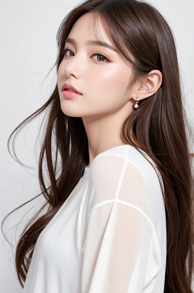 (Highest quality、Tabletop、8K、Best image quality、Award-winning works)、((profile:1.4))、ear、((Long Hair:1.46)),(Brown Hair)、(White casual clothes:1.2)、(The simplest pure white background:1.3)、(Perfectly fixed in front:1.1),(Portrait with Space:1.2)、Beautiful and exquisite、Perfect Makeup、Ultra-high definition beauty face、Ultra HD Hair、Ultra HD Shining Eyes、Super high quality glossy lip、Accurate anatomy、Very beautiful skin、(Pure white skin shining in ultra-high resolution:1.1)、(Very bright:1.2),Big Natural Color Lip、Lip gloss,Harajuku、cute、cute美人