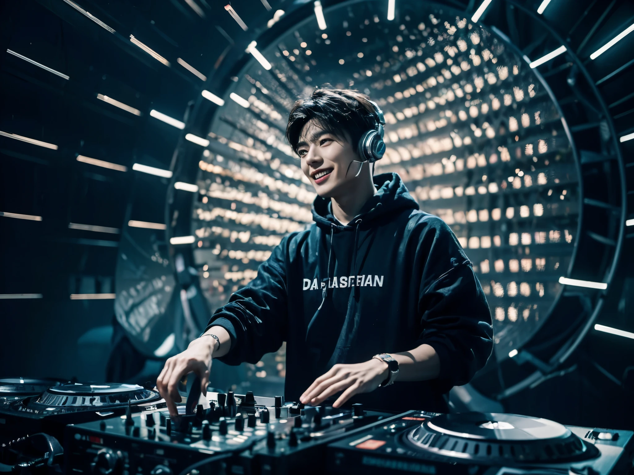 A stunning, ultra-high-resolution image of a young Korean man, showcasing his signature hip-hop pop outfit with a black hoodie and silver DJ headphones.

His hair is styled in a trendy sort cut, and he is smiling as he expertly DJs on stage. The scene is illuminated by disco lighting, casting a captivating glow on the stage and equipment. The male DJ stands proudly in front of his gear, with the spotlight highlighting his every move. The overall ambiance of the image is cinematic and conceptual, blending dark fantasy elements with a vibrant and energetic atmosphere., photo, conceptual art, dark fantasy, cinematic, illustration