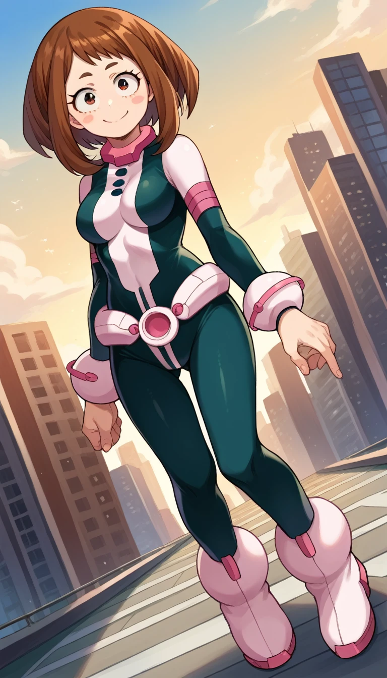 score_9, score_8_up, score_7_up, source_anime,
ochakouraraka, ochako uraraka, brown eyes, brown hair, short hair, blush, blush stickers, smile,
bodysuit, skin tight, superhero,
outdoors, cityscape,
looking at viewer, cowboy shot, dutch angle, full body, standing, idle