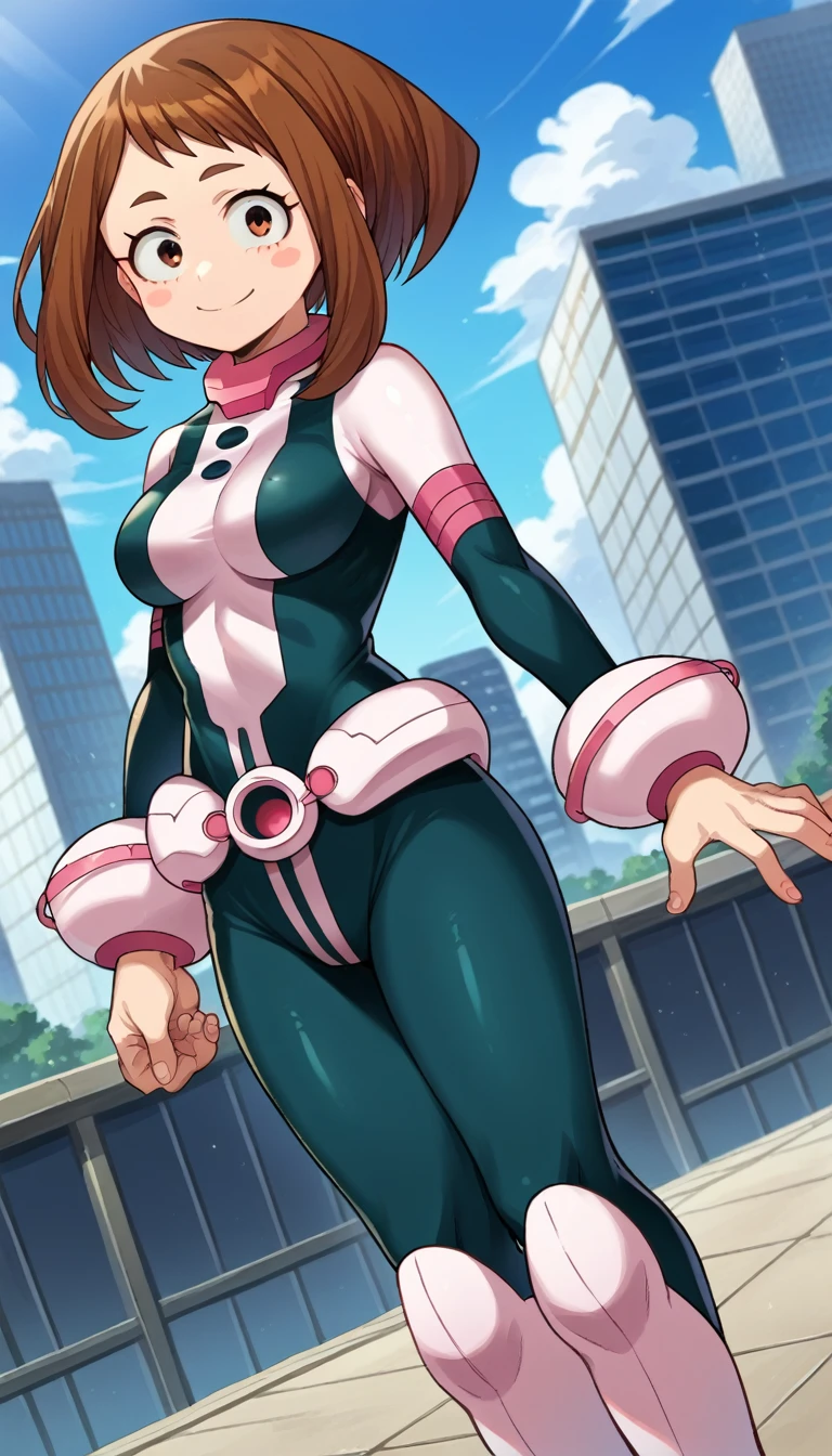 score_9, score_8_up, score_7_up, source_anime,
ochakouraraka, ochako uraraka, brown eyes, brown hair, short hair, blush, blush stickers, smile,
bodysuit, skin tight, superhero,
outdoors, cityscape,
looking at viewer, cowboy shot, dutch angle, full body, standing, idle