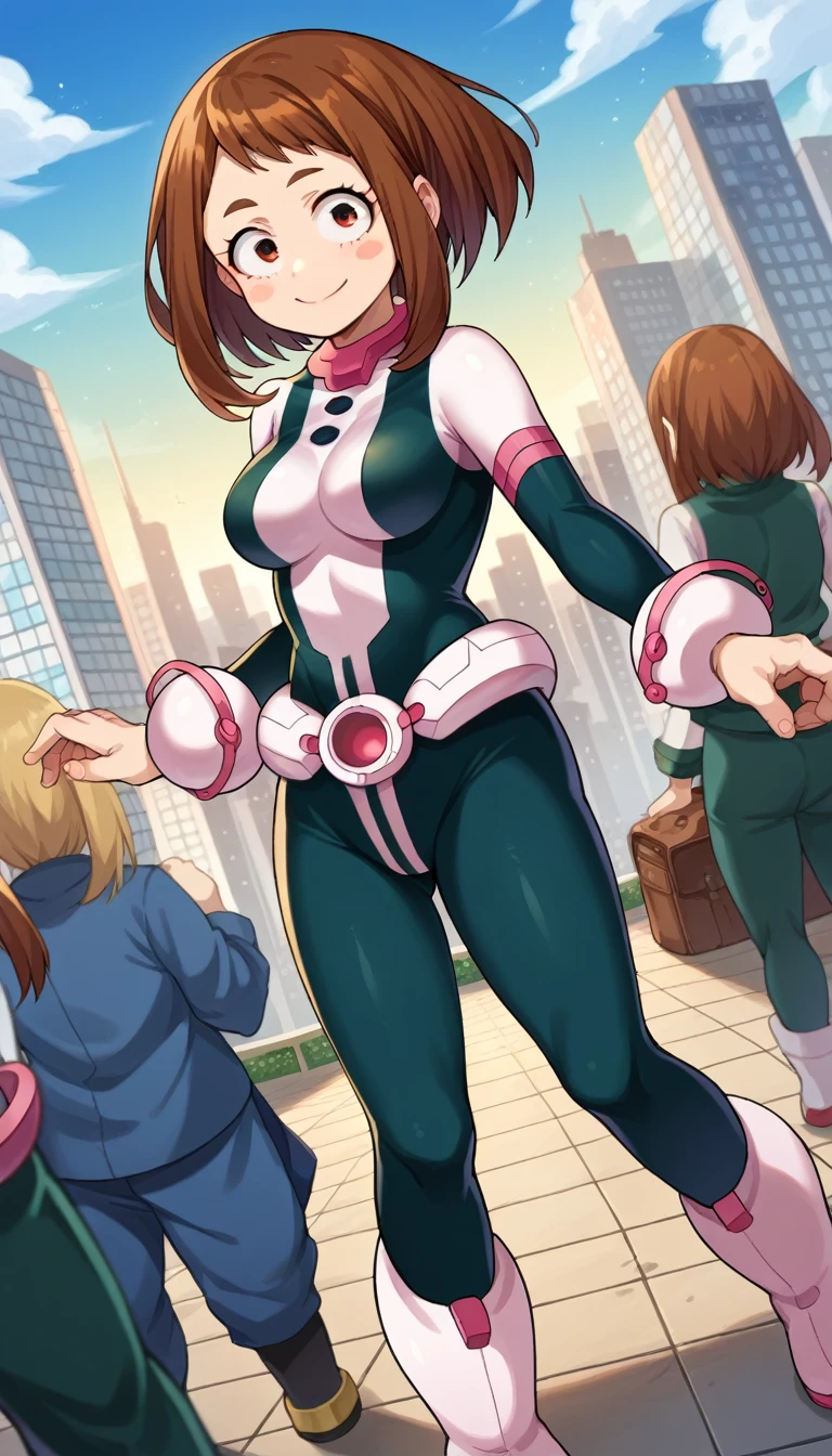 score_9, score_8_up, score_7_up, source_anime,
ochakouraraka, ochako uraraka, brown eyes, brown hair, short hair, blush, blush stickers, smile,
bodysuit, skin tight, superhero,
outdoors, cityscape,
looking at viewer, cowboy shot, dutch angle, full body, standing, idle