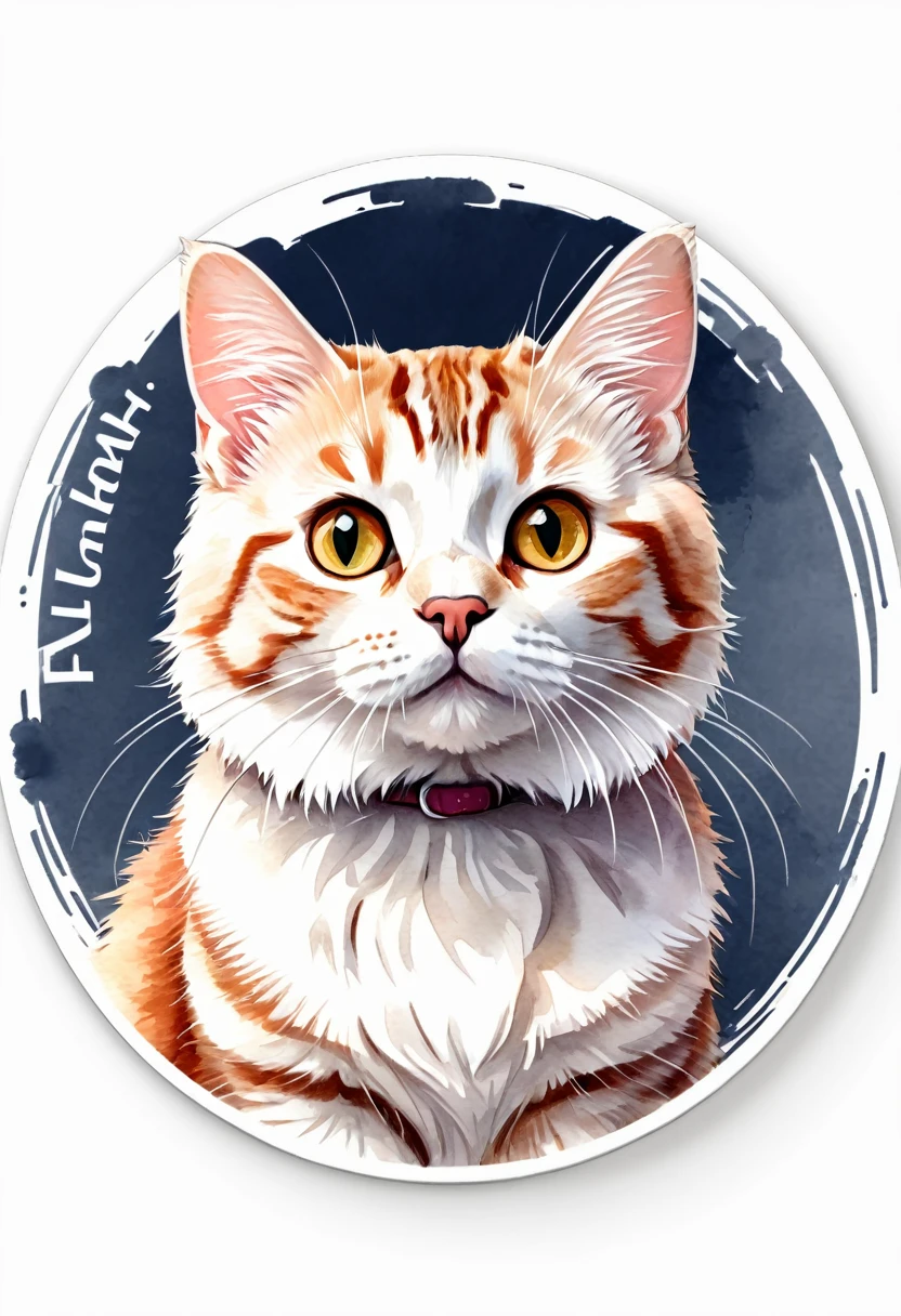 A circular logo featuring a Kurilian Bobtail cat, com signature "Kurilian Bobtail", 3D watercolor style painting, American Shorthair cat, full picture, High contrast high resolution (photorrealistic:1.5), White background, sticker style, (raw photos, 8k hd,