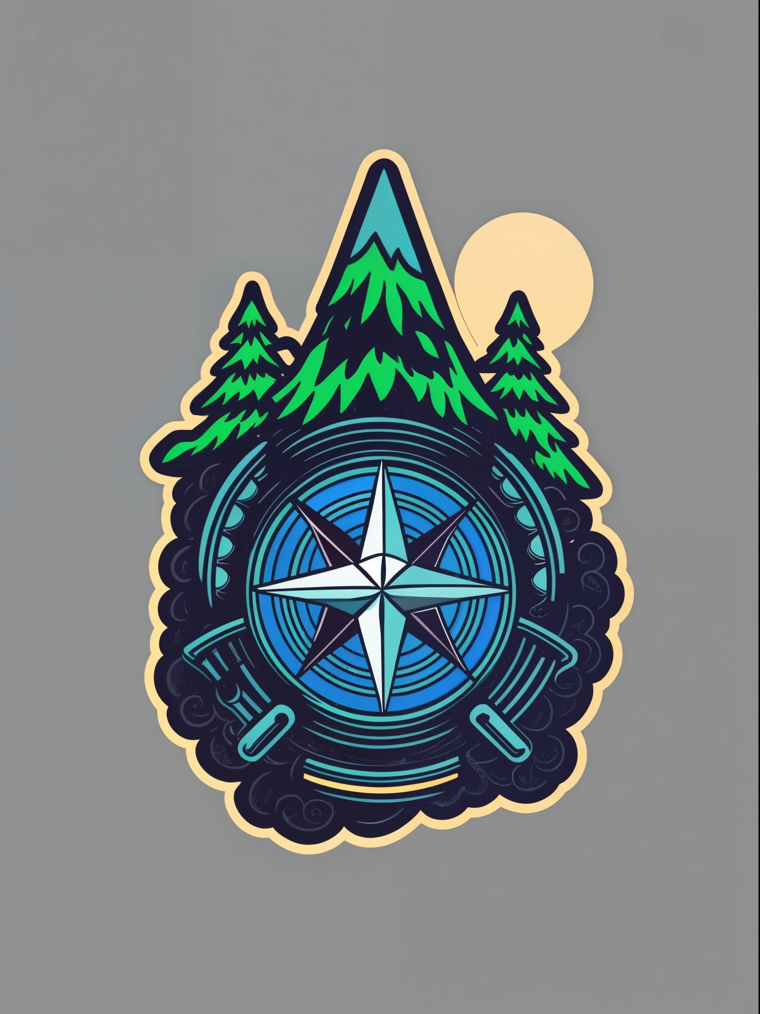 A detailed illustration of mountains and a compass, magic, t-shirt design, bright dark colors, t-shirt design, pastel tetradic colors, 3D vector art, dark and quirky, fantasy art, Adobe Illustrator, hand-drawn, digital painting, low-poly, soft lighting, retro aesthetic, focused on the object, 4K resolution, photorealistic rendering, using Cinema 4D, isometric style