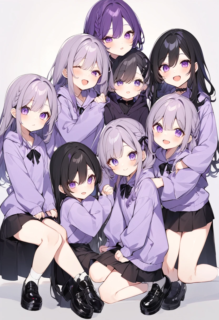 Keito。Purple hoodie。Black Skirt。Purple Eyes。Black Hair。Black shoes下。Black shoes。6 sistery eldest daughter has lavender hair.。all female。Sextuplets
