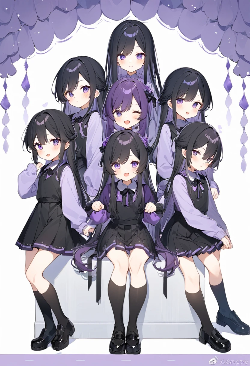 Keito。Purple hoodie。Black Skirt。Purple Eyes。Black Hair。Black shoes下。Black shoes。6 sistery eldest daughter has lavender hair.。all female。Sextuplets