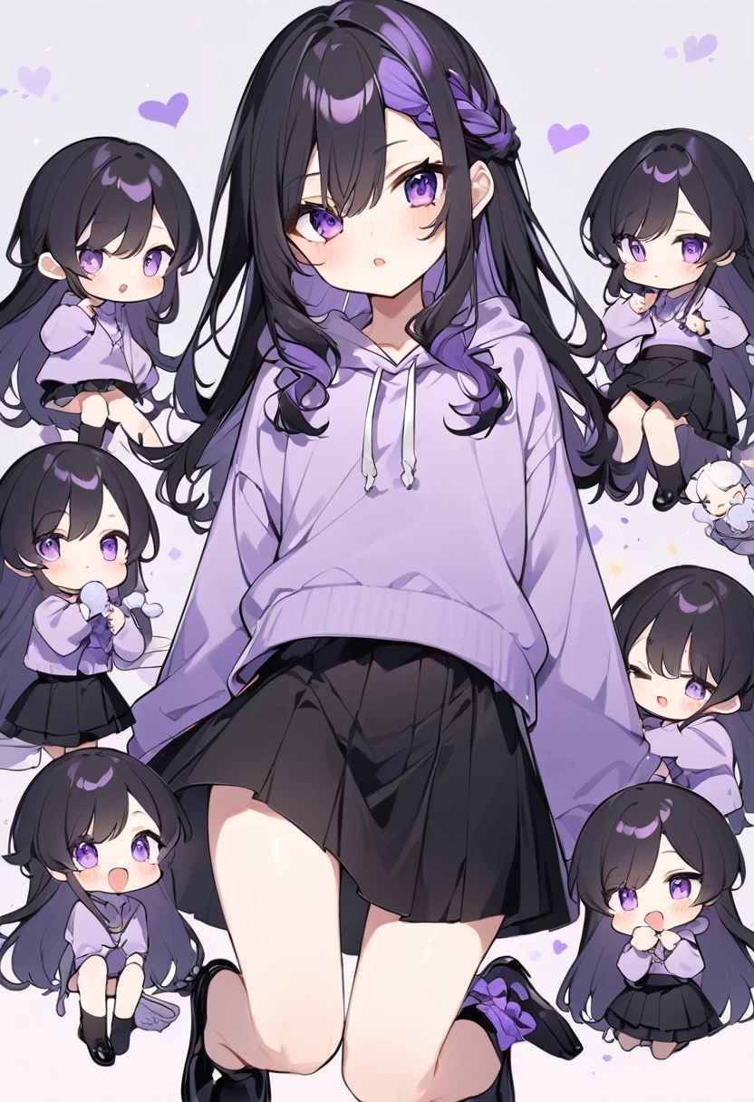 Keito。Purple hoodie。Black Skirt。Purple Eyes。Black Hair。Black shoes下。Black shoes。6 sistery eldest daughter has lavender hair.。all female。Sextuplets