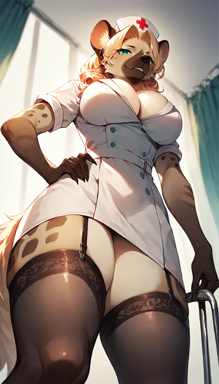 score_9, score_8_up, score_7_up, score_6_up, score_5_up, score_4_up, (solo), female anthro hyena, nurse coat, skirt, lusty, fluffy body, long blond hair, turquoise eyes, (thick thighs:1.5)((( offering the breasts))) sex partial clothes, (((cleavage))) semi-butonned uniform niform, (barely_visible_booba) (she is standing) , giant breasts, garter belt tights ((low angle view))