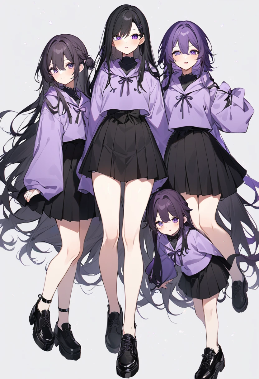 Keito。Purple hoodie。Black Skirt。Purple Eyes。Black Hair。Black shoes下。Black shoes。6 sistery eldest daughter has lavender hair.。all female。Sextuplets
