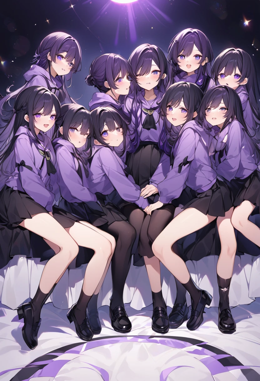 Keito。Purple hoodie。Black Skirt。Purple Eyes。Black Hair。Black shoes下。Black shoes。6 sistery eldest daughter has lavender hair.。all female。Sextuplets