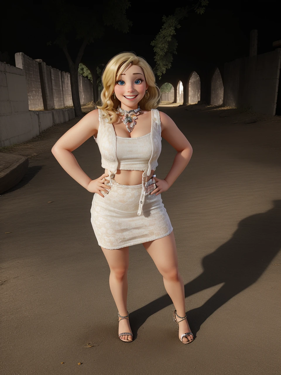 Caucasian woman, 30 years old, blonde hair, cheerful and elegant