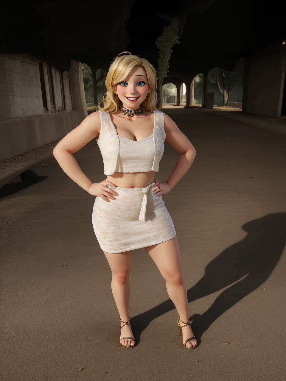 Caucasian woman, 30 years old, blonde hair, cheerful and elegant