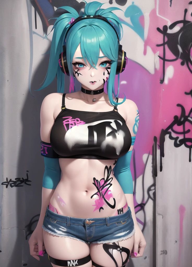 masterpiece, best quality, 1girl, solo, crop top, denim shorts, choker, (graffiti:1.5), paint splatter, arms behind back, against wall, looking at viewer, armband, thigh strap, paint on body, head tilt, bored, multicolored hair, aqua eyes, headset,