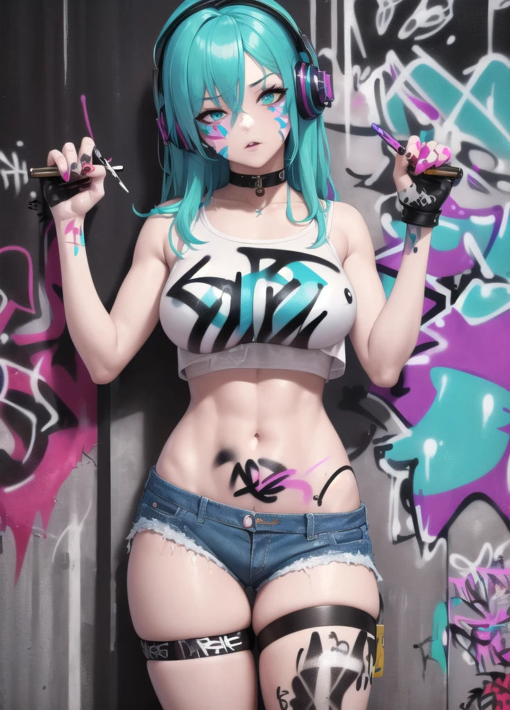 masterpiece, best quality, 1girl, solo, crop top, denim shorts, choker, (graffiti:1.5), paint splatter, arms behind back, against wall, looking at viewer, armband, thigh strap, paint on body, head tilt, bored, multicolored hair, aqua eyes, headset,