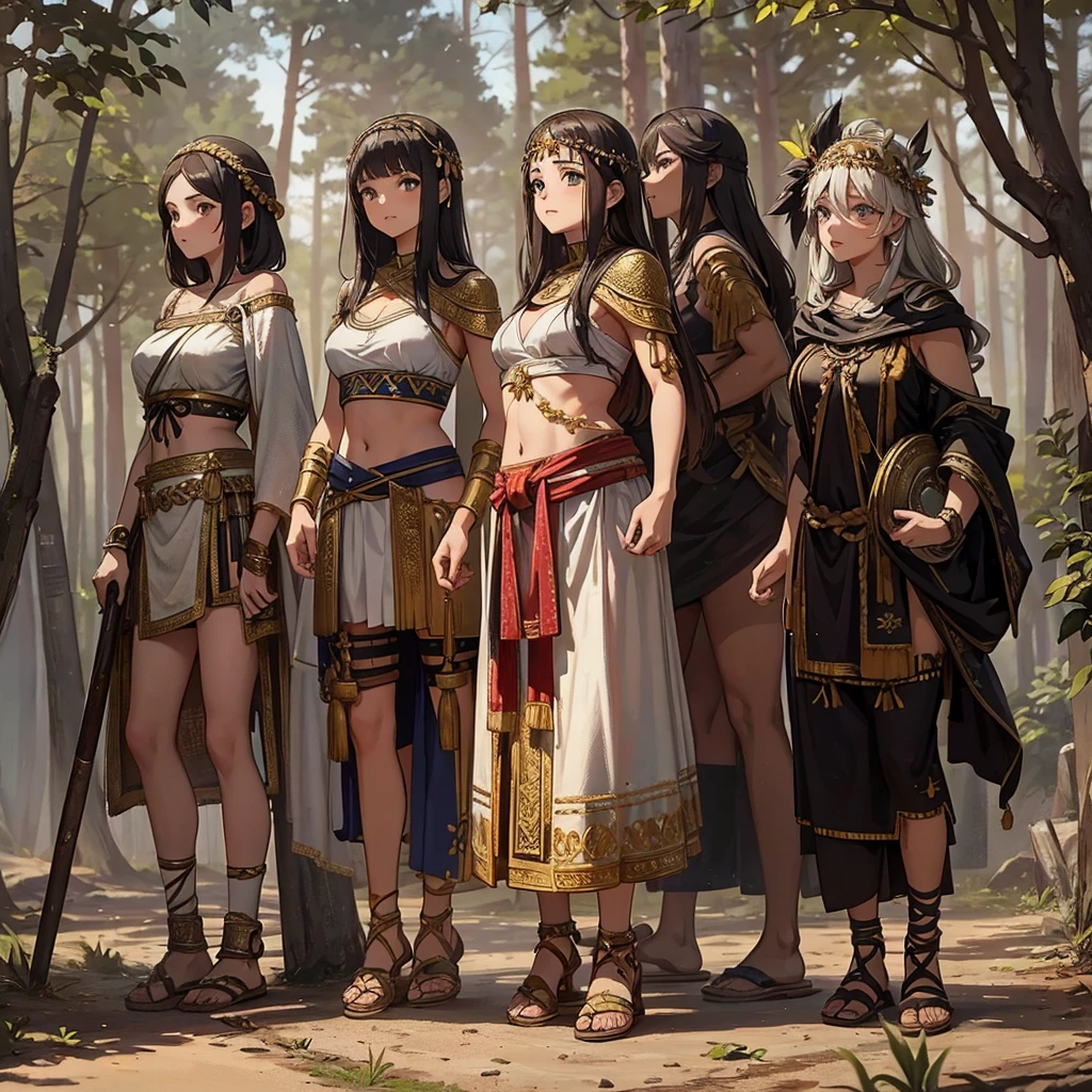 young greek warriors girls in togas , only girls , forest in the background , sandals , sexy