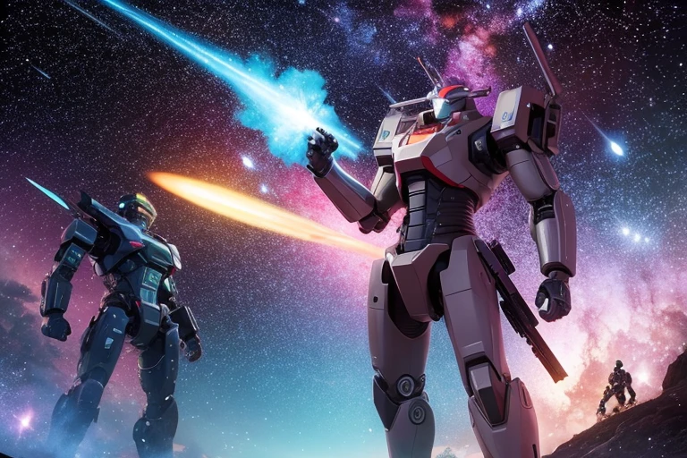 universe space,Colorful gas nebula,robot,Battle robot,Holding a big rifle
