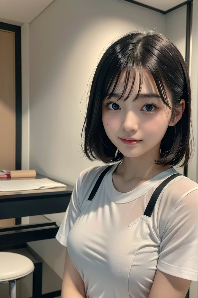 8K、High definition、Ultra Detail、Photorealistic、Realisticで正確な描写、Realisticで正確な人体構造、High resolution、Highest quality、Japanese beautiful girl、masterpiece,Highest quality,taller than, Raw photo , One girl, shirt, alone, Gym suit, Realistic, white shirt, Bloomers,Beautiful Face,Face Focus、((A very cute face, just like a popular Japanese idol, Very beautiful big black round eyes, Very beautiful short black hair)), Very beautiful slim body、 An innocent smile