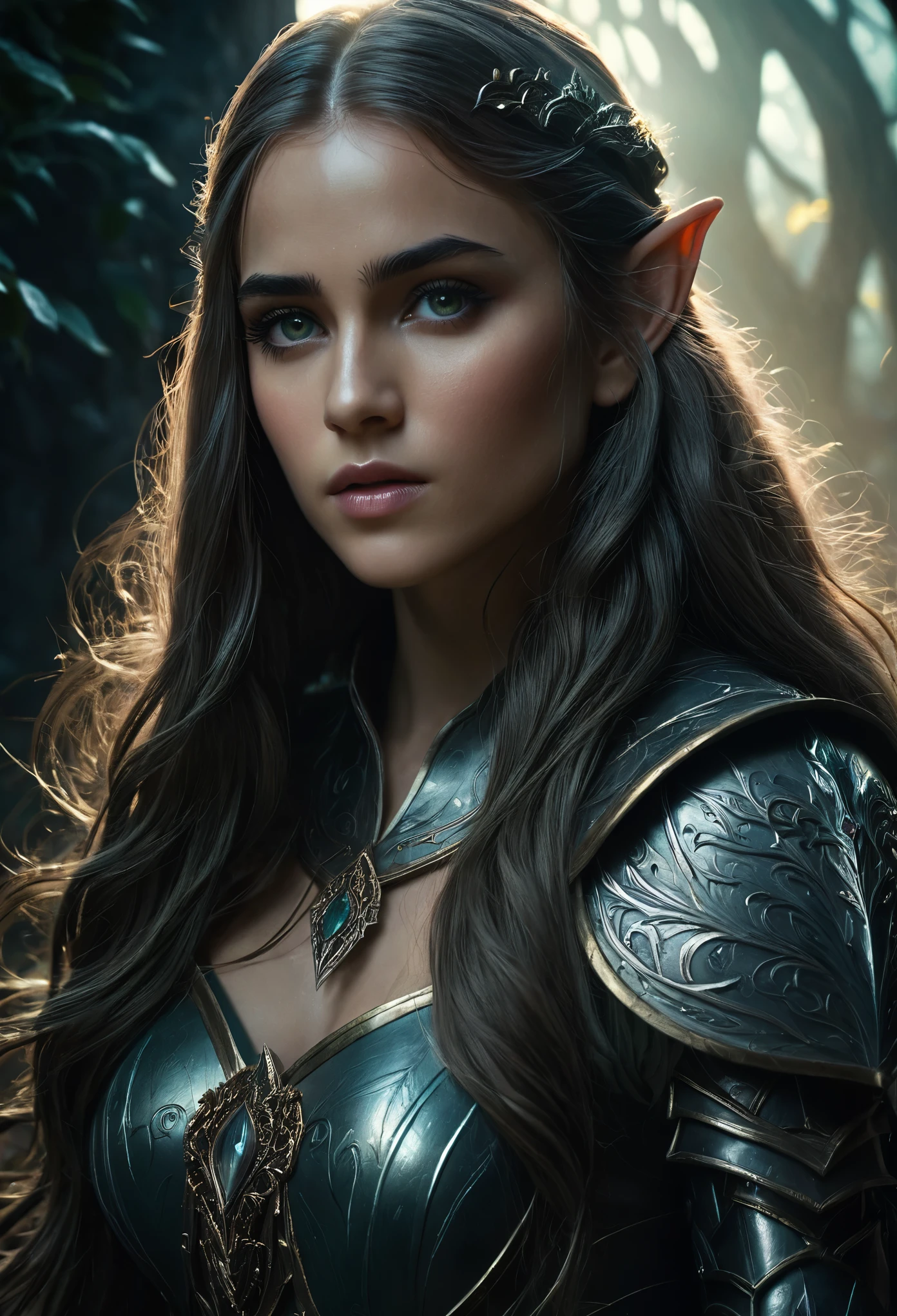 (masterpiece:1.2), (best quality,:1.2), 8k, HDR, ultra detailed, ((photorealistic)), perfect anatomy, professional light, cinematic lighting, fashion photography, ambient lighting,<lora:detail_slider_v4:2>, a female elven warrior, ((cowboy shot)), wearing a brown and black leather breastplate with a (leaf pattern), intricate elven armor, elar, <lora:ElvenArmor-10:0.6>, epiCPhoto