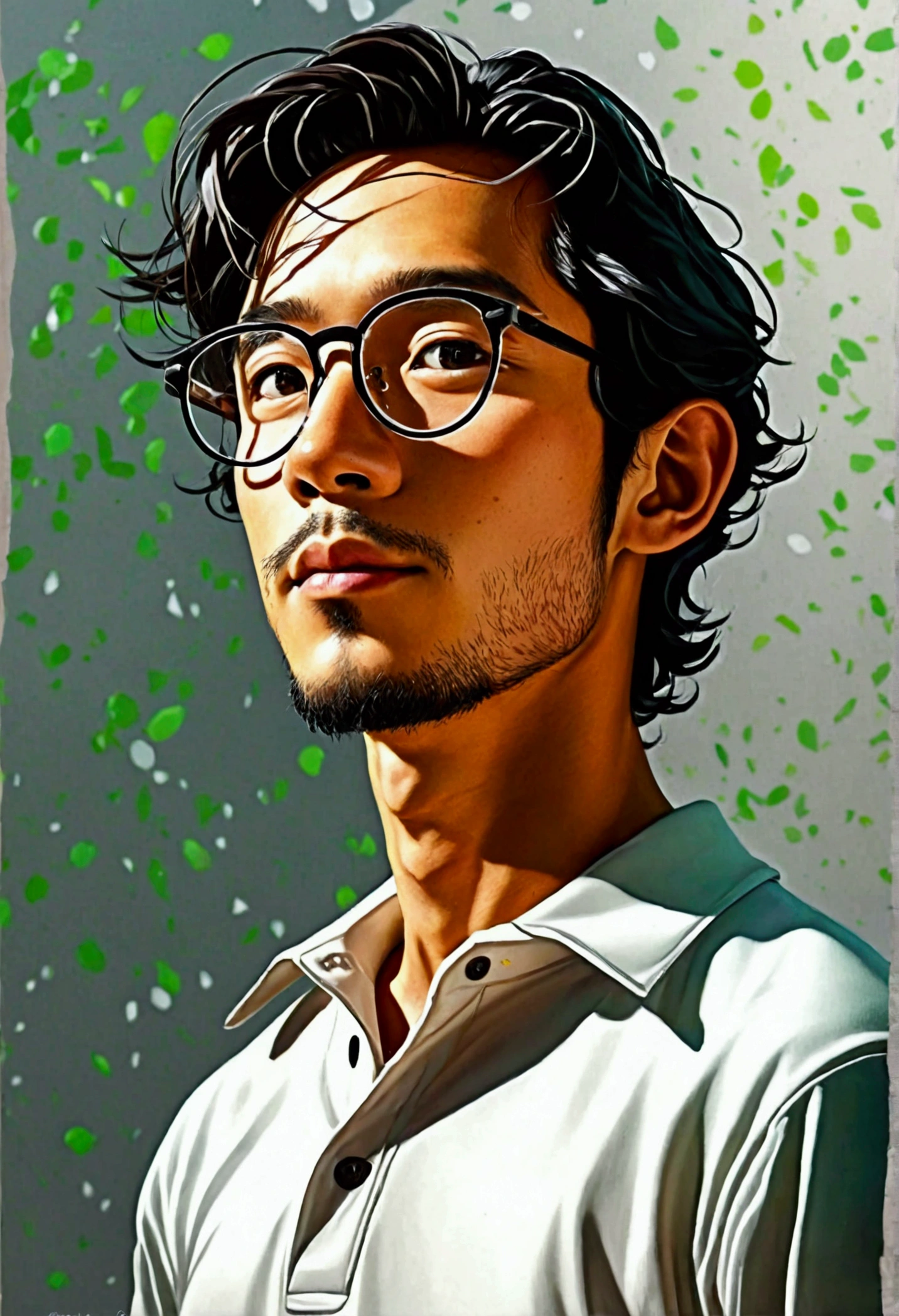 Cartoon man with clear glasses and wearing a white long sleeve polo. half body only. for his features, his eyes is slightly chinito. He's Filipino btw. I want the art style to be like the cartoon series SNOOPY