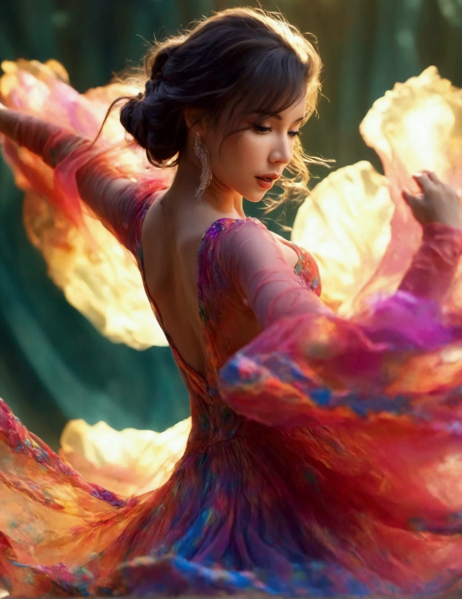 a beautiful woman, dancing, colorful sheer dress, flowing, spinning, no underwear, well-lit stage, stunning performance, extremely detailed, high quality, 8k, photorealistic, vibrant colors, dramatic lighting, elegant movement, graceful poses, beautiful facial features, full body shot, prime lens, soft depth of field, professional photography