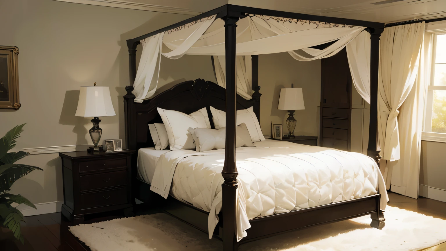 absurdres, bestres, illustration, background, interior, modern california mansion bedroom, trees, spacious, rich, canopy bed