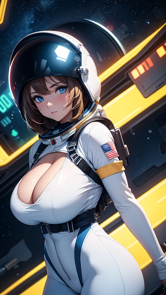 Girl with huge breasts wearing an astronaut suit and helmet with cleavage and neon decorations in space