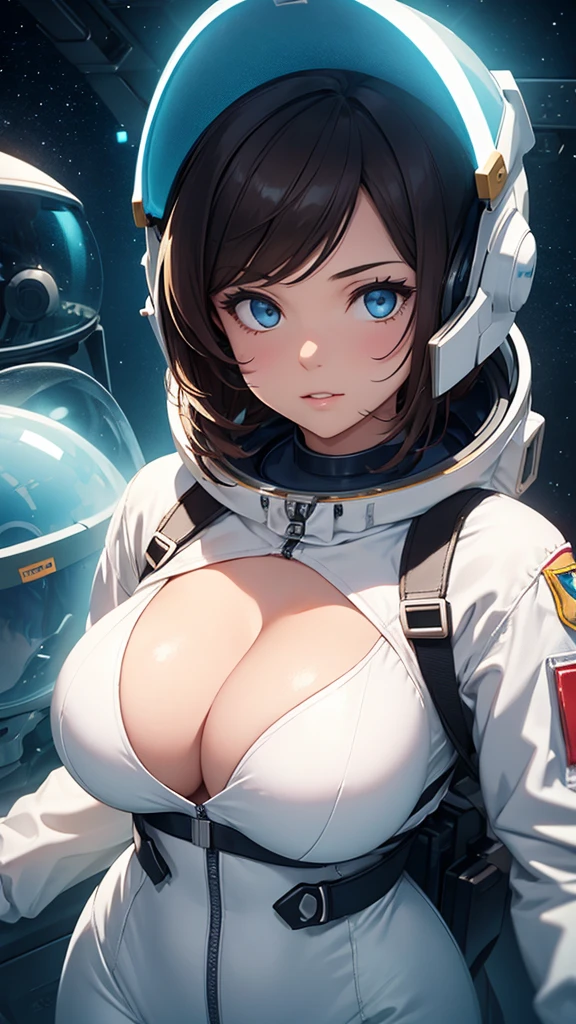 Girl with huge breasts wearing an astronaut suit and helmet with cleavage and neon decorations in space 