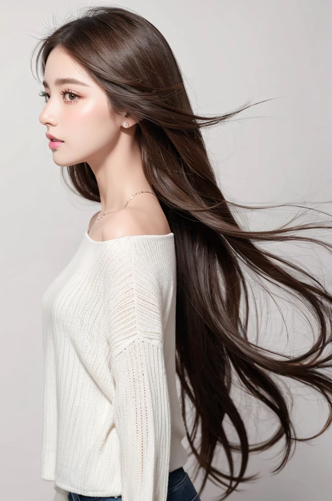 (Highest quality、Tabletop、8K、Best image quality、Award-winning works)、((profile:1.4))、ear、((Long Hair:1.46)),(Brown Hair)、(White casual clothes:1.2)、(The simplest pure white background:1.3)、(Perfectly fixed in front:1.1),(Portrait with Space:1.2)、Beautiful and exquisite、Perfect Makeup、Ultra-high definition beauty face、Ultra HD Hair、Ultra HD Shining Eyes、Super high quality glossy lip、Accurate anatomy、Very beautiful skin、(Pure white skin shining in ultra-high resolution:1.1)、(Very bright:1.2),Big Natural Color Lip、Lip gloss,Harajuku、cute、cute美人