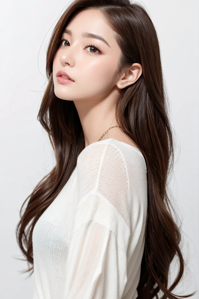 (Highest quality、Tabletop、8K、Best image quality、Award-winning works)、((profile:1.4))、ear、((Long Hair:1.46)),(Brown Hair)、(White casual clothes:1.2)、(The simplest pure white background:1.3)、(Perfectly fixed in front:1.1),(Portrait with Space:1.2)、Beautiful and exquisite、Perfect Makeup、Ultra-high definition beauty face、Ultra HD Hair、Ultra HD Shining Eyes、Super high quality glossy lip、Accurate anatomy、Very beautiful skin、(Pure white skin shining in ultra-high resolution:1.1)、(Very bright:1.2),Big Natural Color Lip、Lip gloss,Harajuku、cute、cute美人