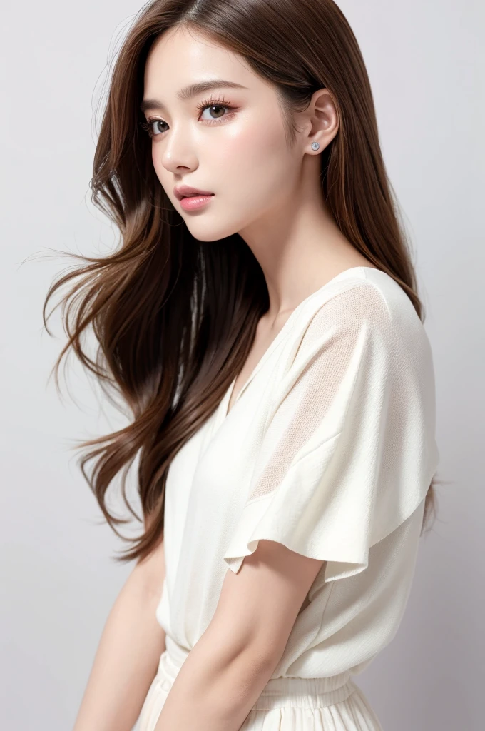 (Highest quality、Tabletop、8K、Best image quality、Award-winning works)、((profile:1.4))、ear、((Long Hair:1.46)),(Brown Hair)、(White casual clothes:1.2)、(The simplest pure white background:1.3)、(Perfectly fixed in front:1.1),(Portrait with Space:1.2)、Beautiful and exquisite、Perfect Makeup、Ultra-high definition beauty face、Ultra HD Hair、Ultra HD Shining Eyes、Super high quality glossy lip、Accurate anatomy、Very beautiful skin、(Pure white skin shining in ultra-high resolution:1.1)、(Very bright:1.2),Big Natural Color Lip、Lip gloss,Harajuku、cute、cute美人