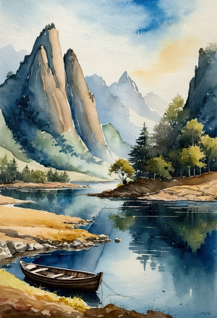 landscape painting，ink and watercolor painting，water ink，ink，Soil，Vision，Ultra-wide viewing angle，meticulous，There is a light boat in the distance，Vision，meticulous，Tree，Soil，Low saturation，Low contrast，The boat has passed thousands of mountains，Beautifully depicted，detailed，Acura，masterpiece，masterpiece