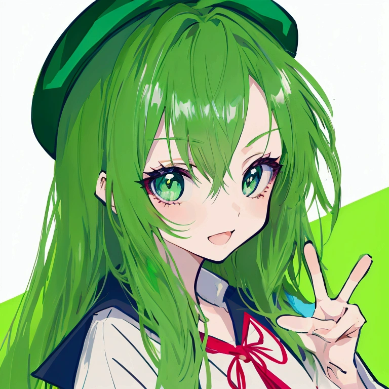 Anime girl with green eyes and a green hat making a peace sign., with a cute toad, makoto, cute anime face, female protagonist 👀 :8, anime style portrait, in an anime style, naughty anime girl, in anime style, cute anime face, anime moe art style, made with anime painter studio, Kajika Wataru, anime shading vector