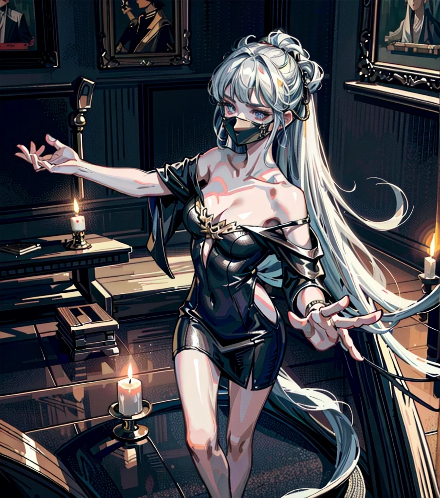Beautiful fortune teller,1 Girl,Off-shoulder dress,Moderate hair,Moderate ,Exposed collarbone,Tear mole,Gorgeous Tarot Cards,Candlelight room,Flowing robe,The expression is arrogant,(best quality,4K,8K,high resolution,masterpiece:1.2),Extremely detailed,(Practical,photoPractical,photo-Practical:1.37),fantasy,goddess,Standing with arms open,Facing the camera,Holding a candle on fingers,Intricate details,Dramatic Lighting,Melancholy atmosphere,Rich colors