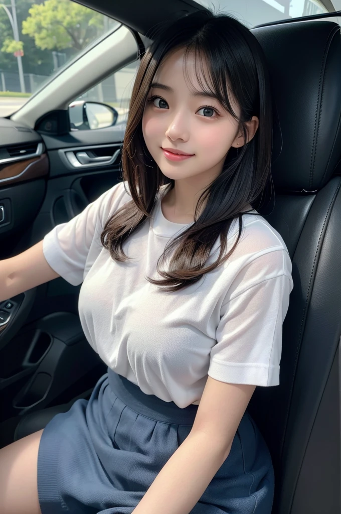 ８K、High definition、Ultra Detail、Photorealistic、Realistic and accurate depiction、Realistic and accurate human anatomy、High resolution、Highest quality、Japanese beautiful girl、masterpiece,Highest quality,Raw photo、She sits in the passenger seat of the car、Drive Date、A very cute face like an idol 、Very beautiful black hair、A refreshing smile、Cute hairstyle