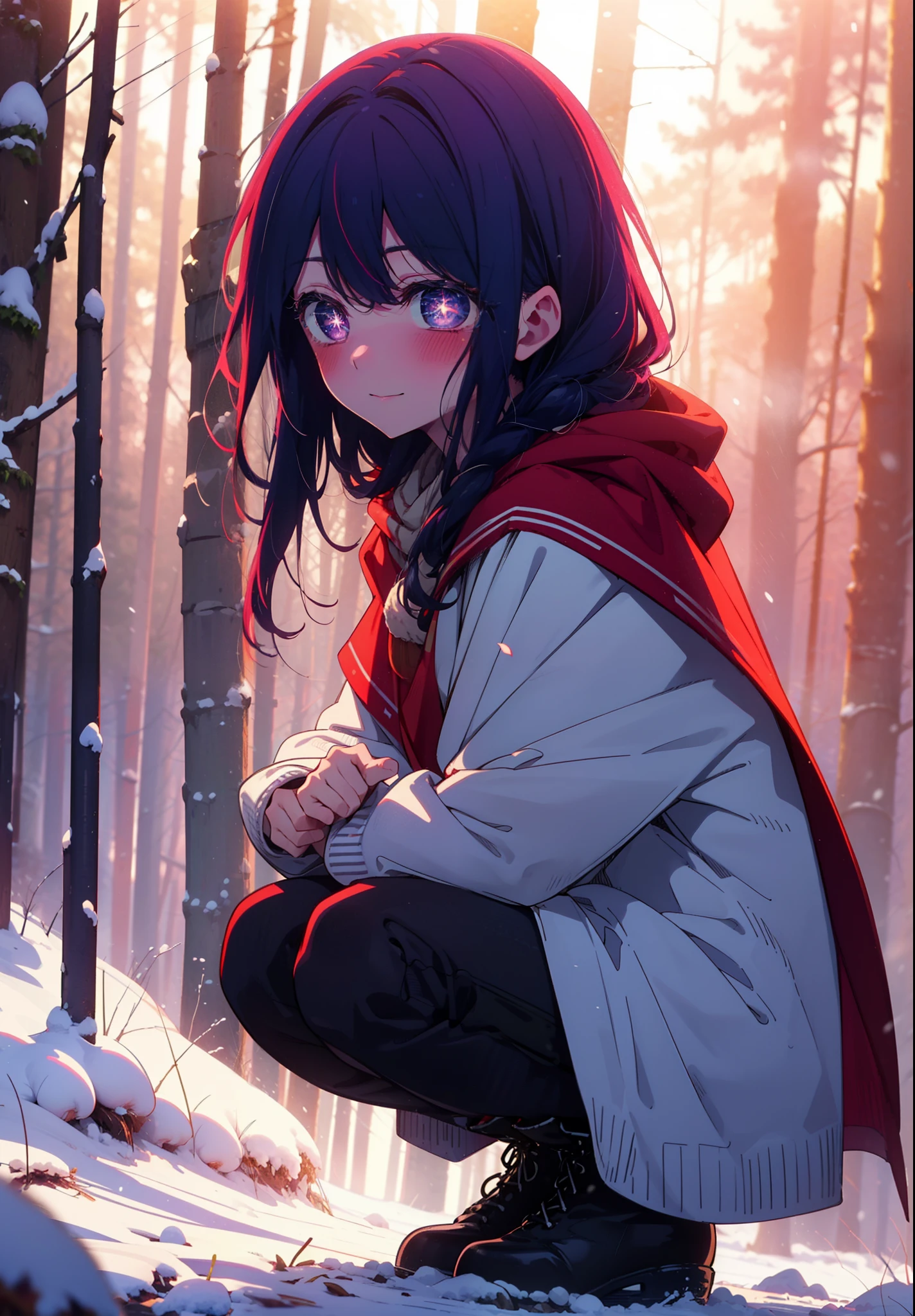aihoshino, Ai Hoshino, Long Hair, bangs, (Purple eyes:1.1), Purple Hair, (Symbol-shaped pupil:1.5), smile,,smile,blush,White Breath,
Open your mouth,snow,Ground bonfire, Outdoor, boots, snowing, From the side, wood, suitcase, Cape, Blurred, , forest, White handbag, nature,  Squat, Mouth closed, Cape, winter, Written boundary depth, Black shoes, red Cape break looking at viewer, Upper Body, whole body, break Outdoor, forest, nature, break (masterpiece:1.2), Highest quality, High resolution, unity 8k wallpaper, (shape:0.8), (Beautiful and beautiful eyes:1.6), Highly detailed face, Perfect lighting, Extremely detailed CG, (Perfect hands, Perfect Anatomy),