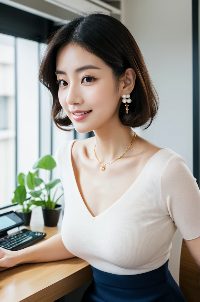 company office,executive secretary,okinawa,((full body)),((photo)),((best qualtiy, 8K, tmasterpiece:1.3)), Focus:1.2, perfect figure beautiful girl:1.4,1girl,cowboy shot,look at viewer, eyes facing the camera,incredibly absurd, beautiful and cute girl with a photorealistic face, showcasing top-quality craftsmanship, Japanese woman working in an office, 22 years old, hairstyle is black bob hair, inward curling hair reaching the jaw line, thin and soft hair, wide forehead with beautiful hairline, thin eyebrows, large almond-shaped eyes, light brown eyes, long eyelashes, double eyelids, straight nose, small lips, smile with upturned corners, fair and translucent skin, plump cheeks, cute impression, glamorous, tall, well-balanced proportions, large E-cup breasts, beige V-neck knit, white tight skirt, heeled pumps, pearl necklace and earrings, small bag, gold watch, beautiful, pretty older woman, neat, serious, hardworking, kind, considerate, highly trusted by those around her, April