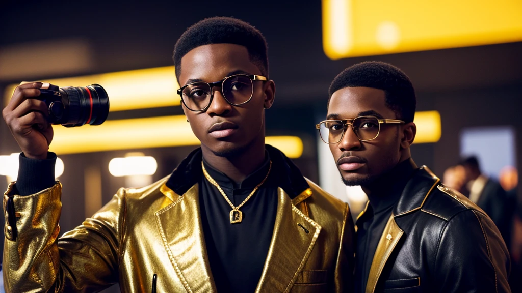 young black men wearing gucci with gold diamonds glasses , 4:3, photo 12k resolution hash flash lighting, shot on ALEXA 65, Velvia 100 , underexposed, Voigtlnder Nokton 50mm f1.1, in the style of Martin Nikon Z 8 with Zoom Lens | with 24-120mm