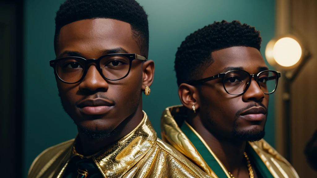 young black men wearing gucci with gold diamonds glasses , 4:3, photo 12k resolution hash flash lighting, shot on ALEXA 65, Velvia 100 , underexposed, Voigtlnder Nokton 50mm f1.1, in the style of Martin Nikon Z 8 with Zoom Lens | with 24-120mm
