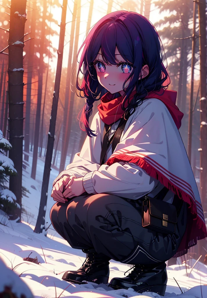 aihoshino, Ai Hoshino, Long Hair, bangs, (Purple eyes:1.1), Purple Hair, (Symbol-shaped pupil:1.5), smile,,smile,blush,White Breath,
Open your mouth,snow,Ground bonfire, Outdoor, boots, snowing, From the side, wood, suitcase, Cape, Blurred, , forest, White handbag, nature, Squat, Mouth closed, Cape, winter, Written boundary depth, Black shoes, red Cape break looking at viewer, Upper Body, whole body, break Outdoor, forest, nature, break (masterpiece:1.2), Highest quality, High resolution, unity 8k wallpaper, (shape:0.8), (Beautiful and beautiful eyes:1.6), Highly detailed face, Perfect lighting, Extremely detailed CG, (Perfect hands, Perfect Anatomy),