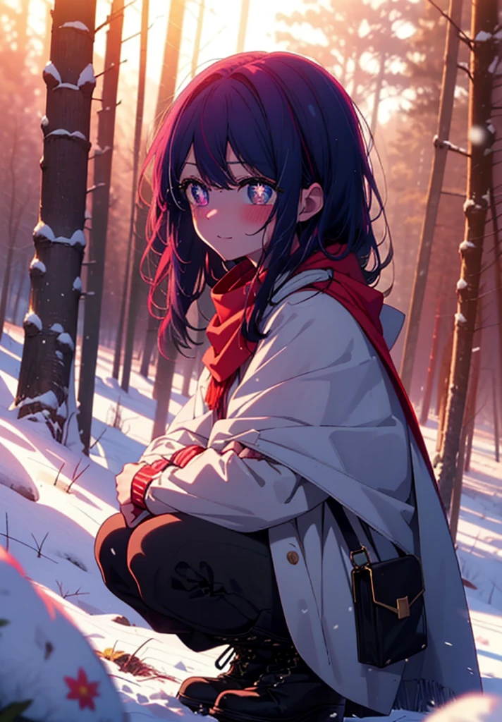 aihoshino, Ai Hoshino, Long Hair, bangs, (Purple eyes:1.1), Purple Hair, (Symbol-shaped pupil:1.5), smile,,smile,blush,White Breath,
Open your mouth,snow,Ground bonfire, Outdoor, boots, snowing, From the side, wood, suitcase, Cape, Blurred, , forest, White handbag, nature,  Squat, Mouth closed, Cape, winter, Written boundary depth, Black shoes, red Cape break looking at viewer, Upper Body, whole body, break Outdoor, forest, nature, break (masterpiece:1.2), Highest quality, High resolution, unity 8k wallpaper, (shape:0.8), (Beautiful and beautiful eyes:1.6), Highly detailed face, Perfect lighting, Extremely detailed CG, (Perfect hands, Perfect Anatomy),