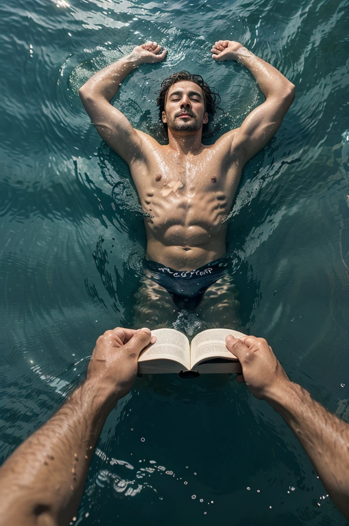 A man swimming in a sea that is in a book