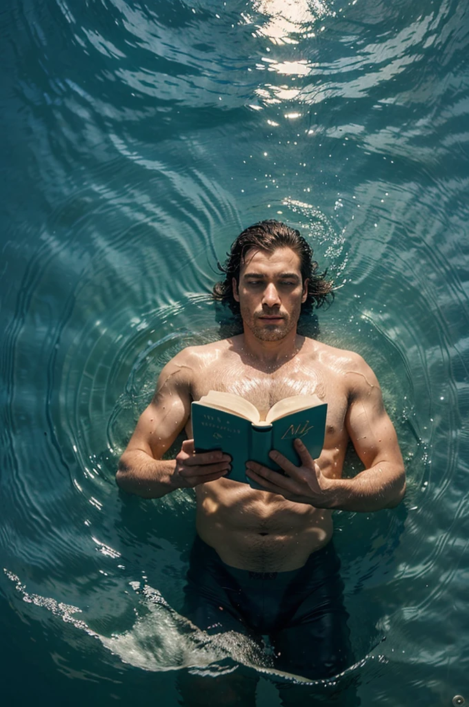 A man swimming in a sea that is in a book